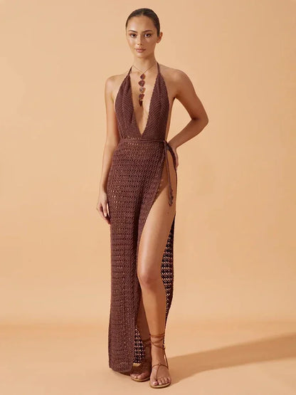 Cover up - Crochet Knit Beach Cover-Up with Plunging Neckline