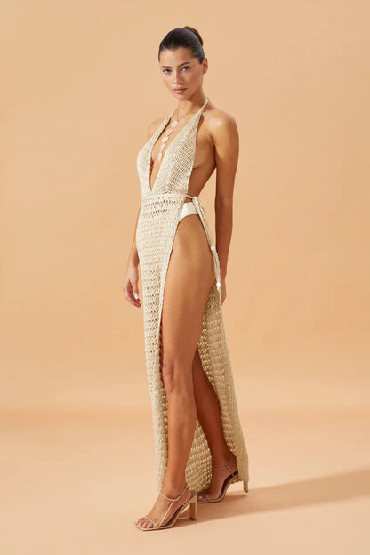 Cover up - Crochet Knit Beach Cover-Up with Plunging Neckline