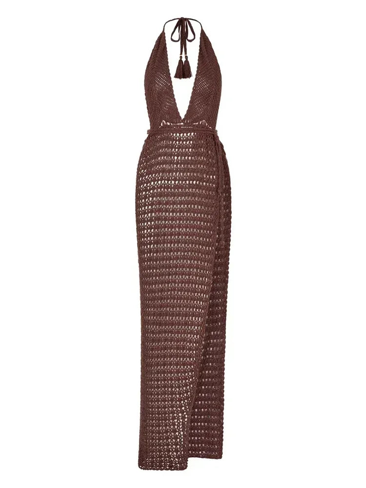 Cover up - Crochet Knit Beach Cover-Up with Plunging Neckline