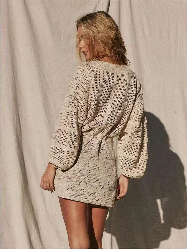 Cover up - Women's Beach Knit Cover-Up Lace-Up Beach Dress