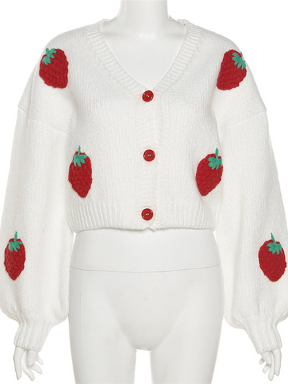 Crop Sweaters- Strawberry Appliqué Cardigan- - Pekosa Women Fashion