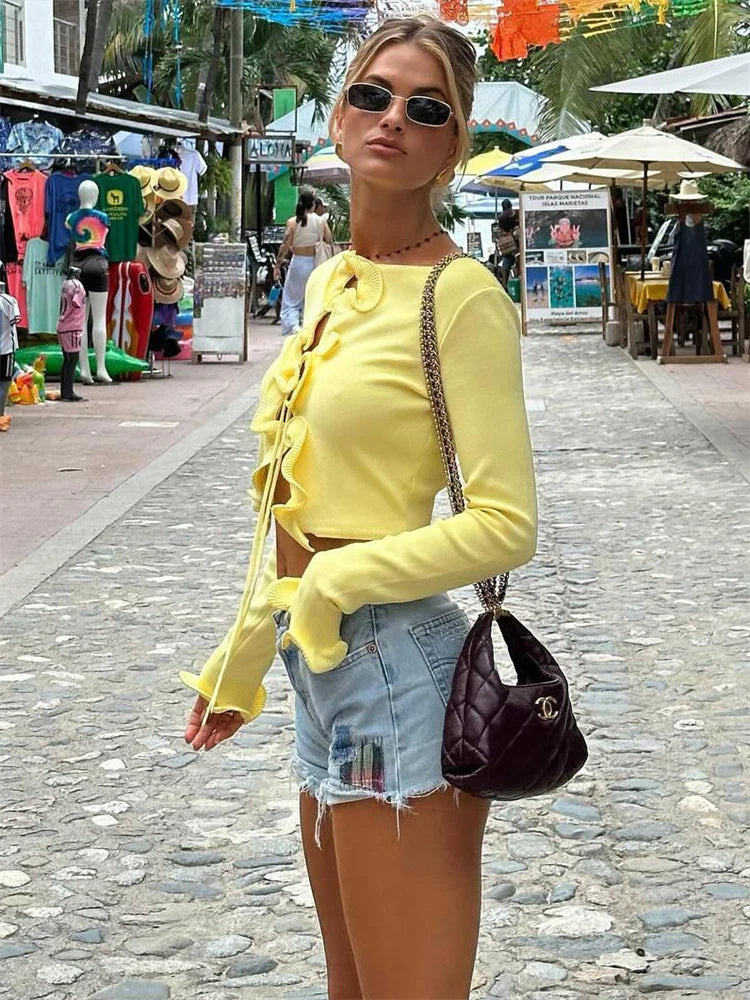 Crop Tops - Essential Yellow Cropped Knit Top for Women's Fashion