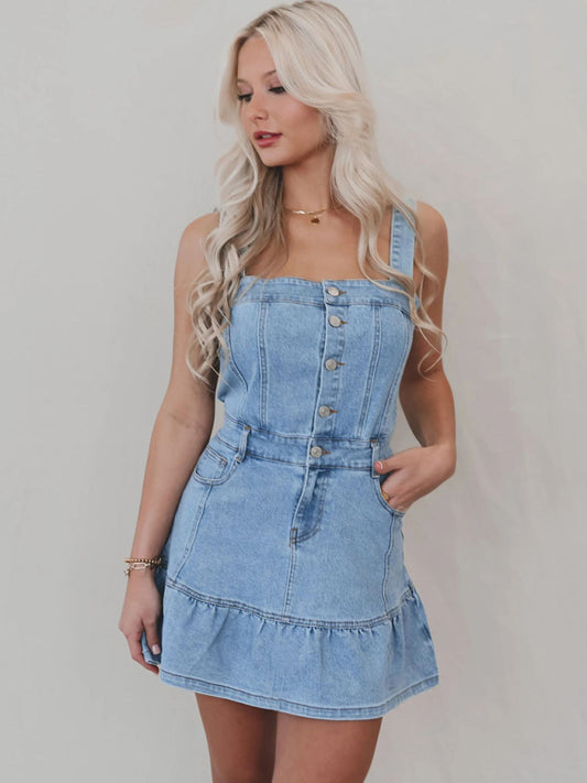 Denim Dresses - Denim Casual Ruffle Hem Dress for Everyday