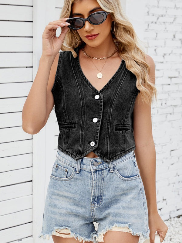 Denim Vests - Casual Cropped Denim Vest - Essential Women's Outerwear