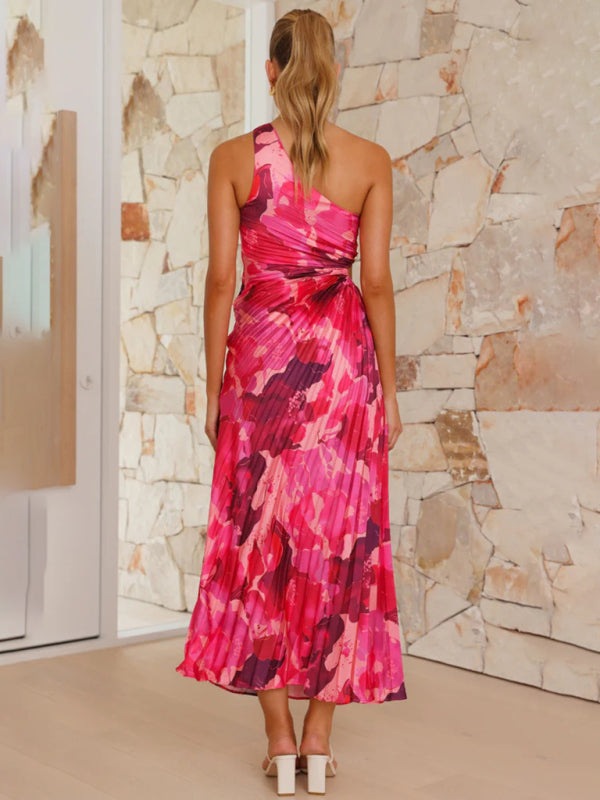 Elegant Dresses - Elegant Pleated Maxi Dress with Asymmetrical Neckline