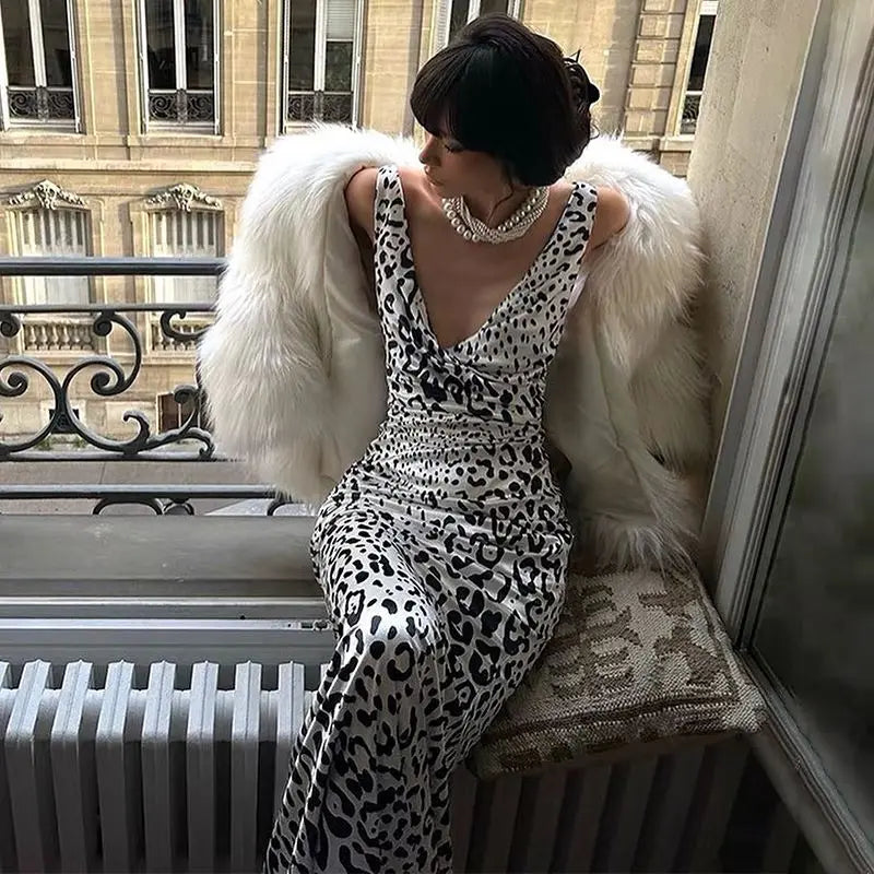 Elegant Dresses- Satin Women's Elegant Leopard Print Mermaid Maxi Dress- - Pekosa Women Fashion