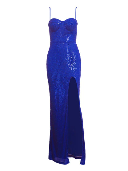 Elegant Dresses- Sequined Sweetheart Evening Gown Thigh-High Slit Dress- Blue- Pekosa Women Fashion
