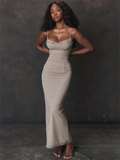 Elegant Dresses- Mesh Square-Neck Evening Gown Dress for Formal Occasions- Gray- Pekosa Women Fashion