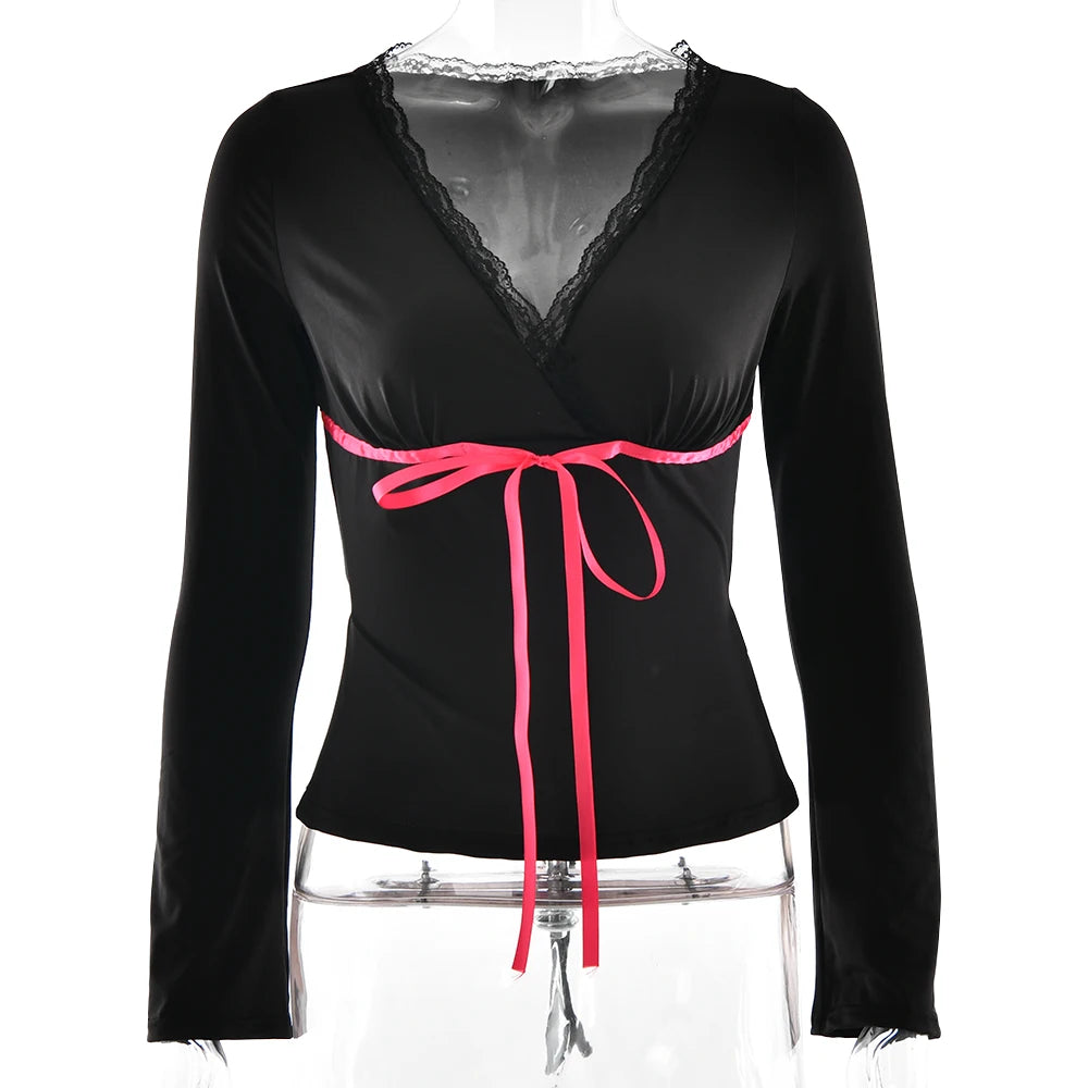 Fall Tops - Lace Ribbon Flare Sleeve Top