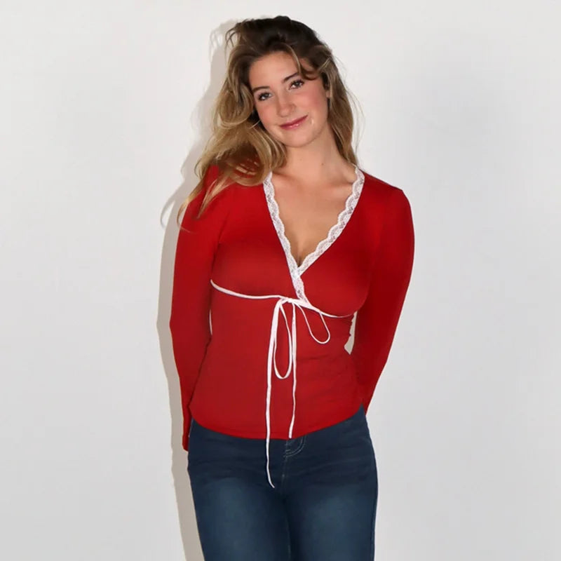 Fall Tops - Lace Ribbon Flare Sleeve Top