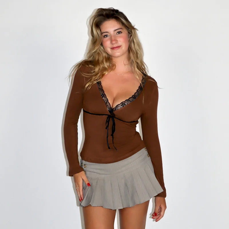 Fall Tops - Lace Ribbon Flare Sleeve Top