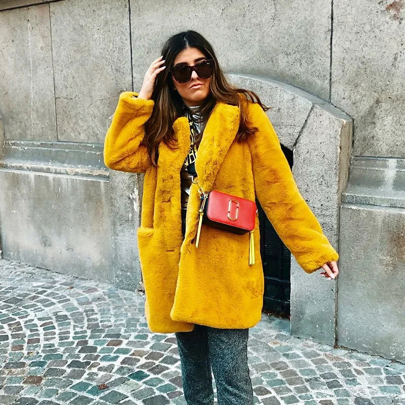 Faux Fur Coats - Vibrant Women's Faux Fur Coat for Stylish Winter Warmth