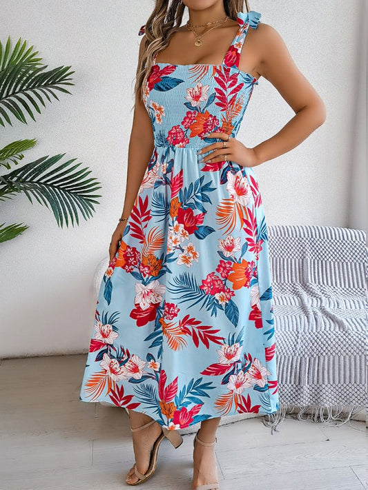Floral Dresses - Casual Tropical Floral Midi Dress for Weekend Wear