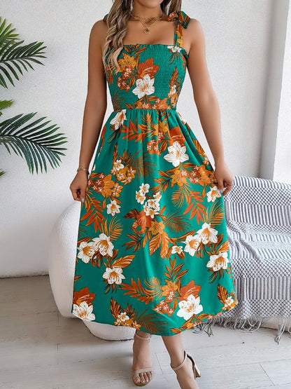 Floral Dresses - Casual Tropical Floral Midi Dress for Weekend Wear