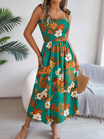 Floral Dresses - Casual Tropical Floral Midi Dress for Weekend Wear