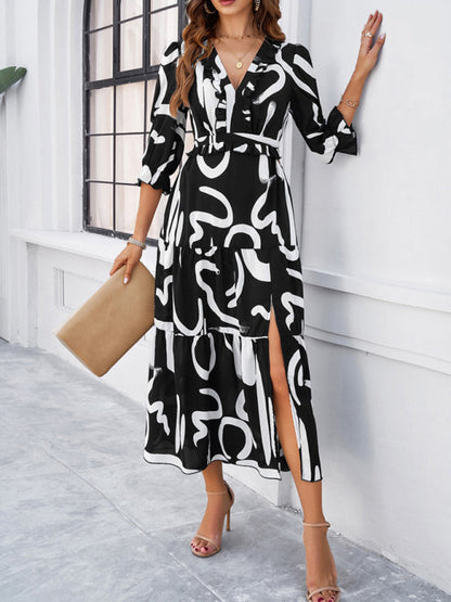 Floral Dresses- Cocktail Attire V-Neck Floral Dress with 3/4 Sleeves and Slit- - Chuzko Women Clothing
