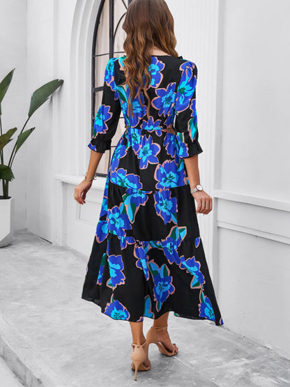Floral Dresses- Cocktail Attire V-Neck Floral Dress with 3/4 Sleeves and Slit- - Chuzko Women Clothing