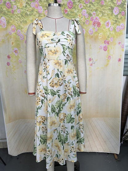 Floral Dresses - Floral Gathered Bust Dress with Tie Shoulders