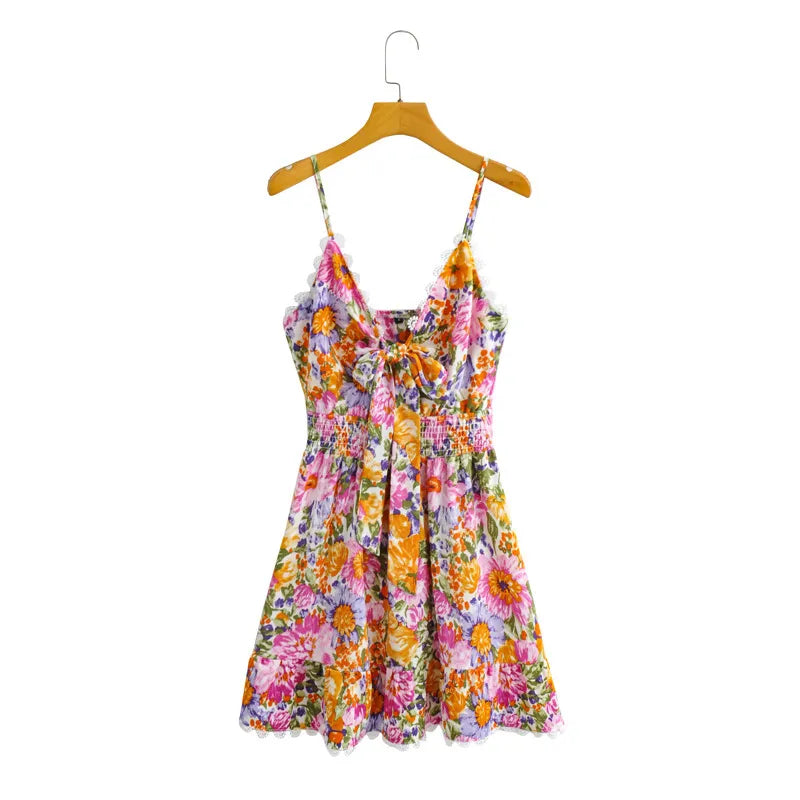 Floral A-Line Knot Ruffle Cami Mini Dress