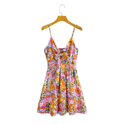 Floral A-Line Knot Ruffle Cami Mini Dress