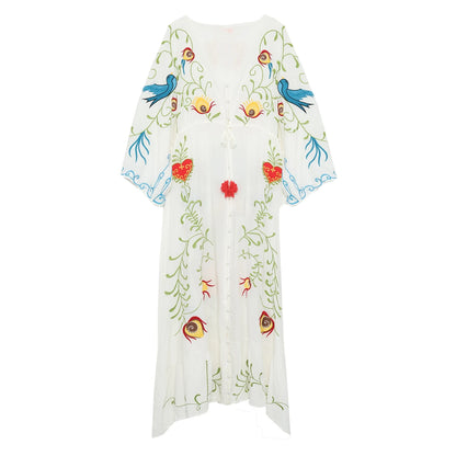 Kaftans - Jastie Embroidered Women Maxi Dress V-Neck Batwing Sleeve Loose Oversize Summer Dresses Drawstring Waist Boho Beach Vestidos