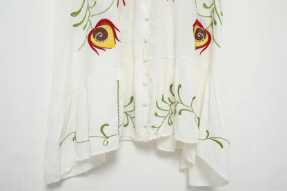 Kaftans - Jastie Embroidered Women Maxi Dress V-Neck Batwing Sleeve Loose Oversize Summer Dresses Drawstring Waist Boho Beach Vestidos
