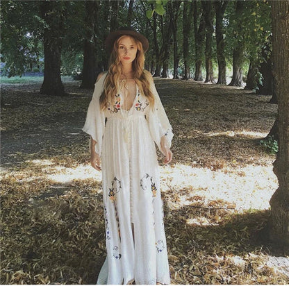 Kaftans - Jastie Embroidered Women Maxi Dress V-Neck Batwing Sleeve Loose Oversize Summer Dresses Drawstring Waist Boho Beach Vestidos