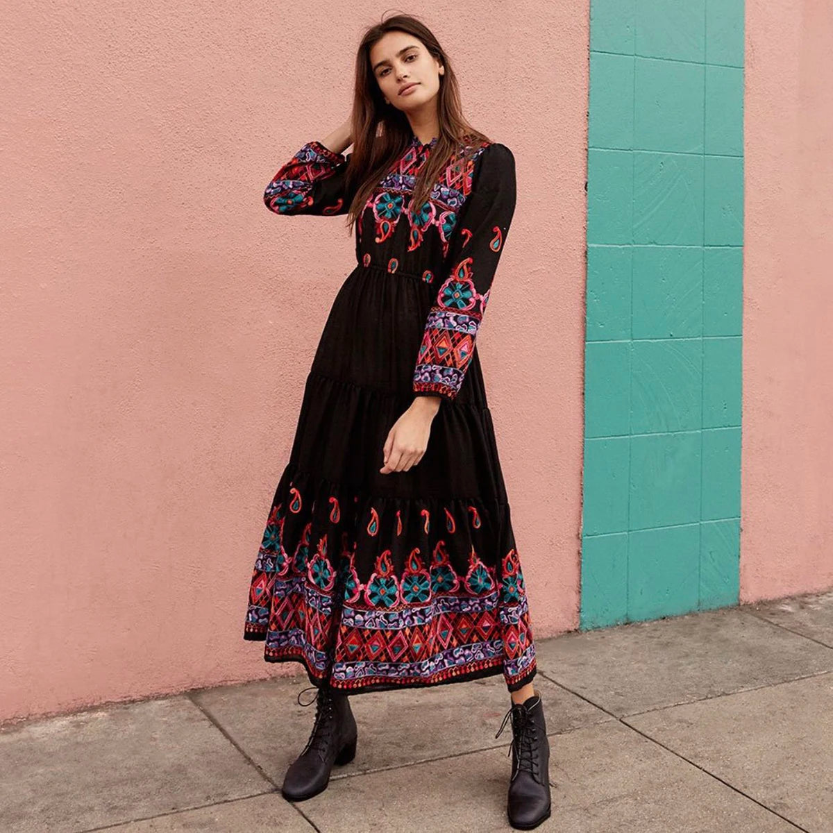 Kaftans - Jastie Embroidered Women Maxi Dress V-Neck Batwing Sleeve Loose Oversize Summer Dresses Drawstring Waist Boho Beach Vestidos