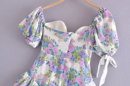 💃🔥Vintage Women's Floral Remi Plunging Neck Puff Sleeves Mini Dress💃🔥