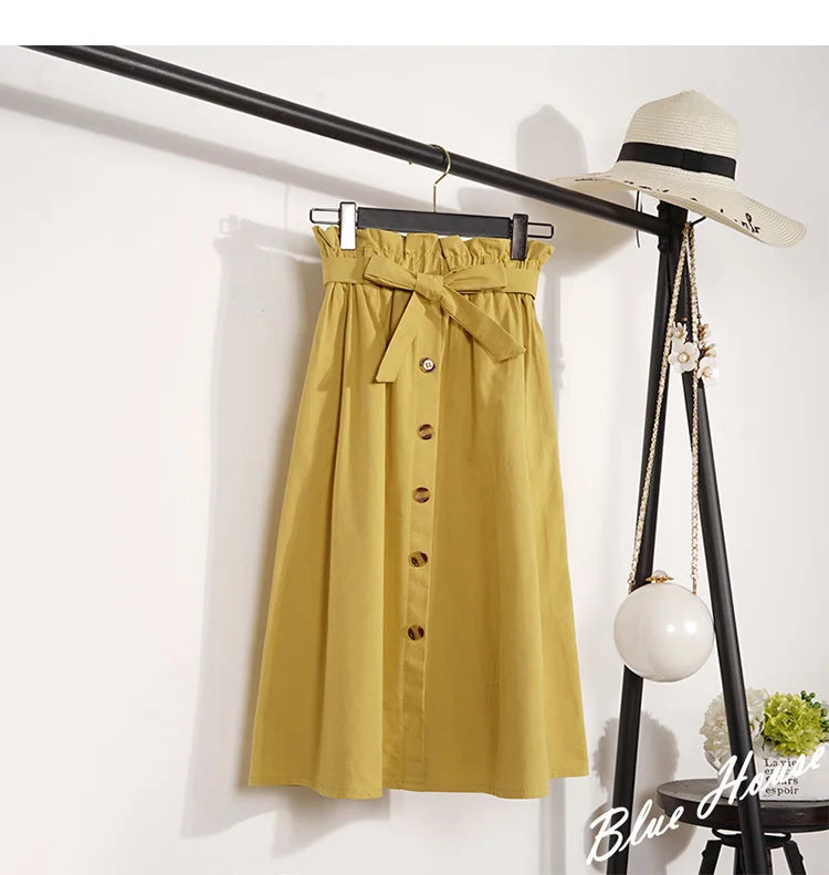 Midi Skirts - Summer Autumn Skirts Womens Midi Knee Length Korean Elegant Button High Waist Skirt Female Pleated School Skirt