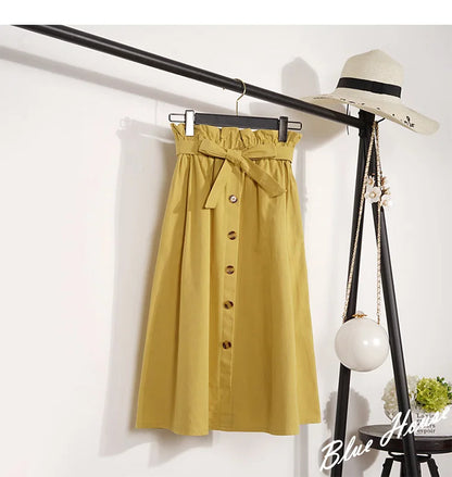Midi Skirts - Summer Autumn Skirts Womens Midi Knee Length Korean Elegant Button High Waist Skirt Female Pleated School Skirt