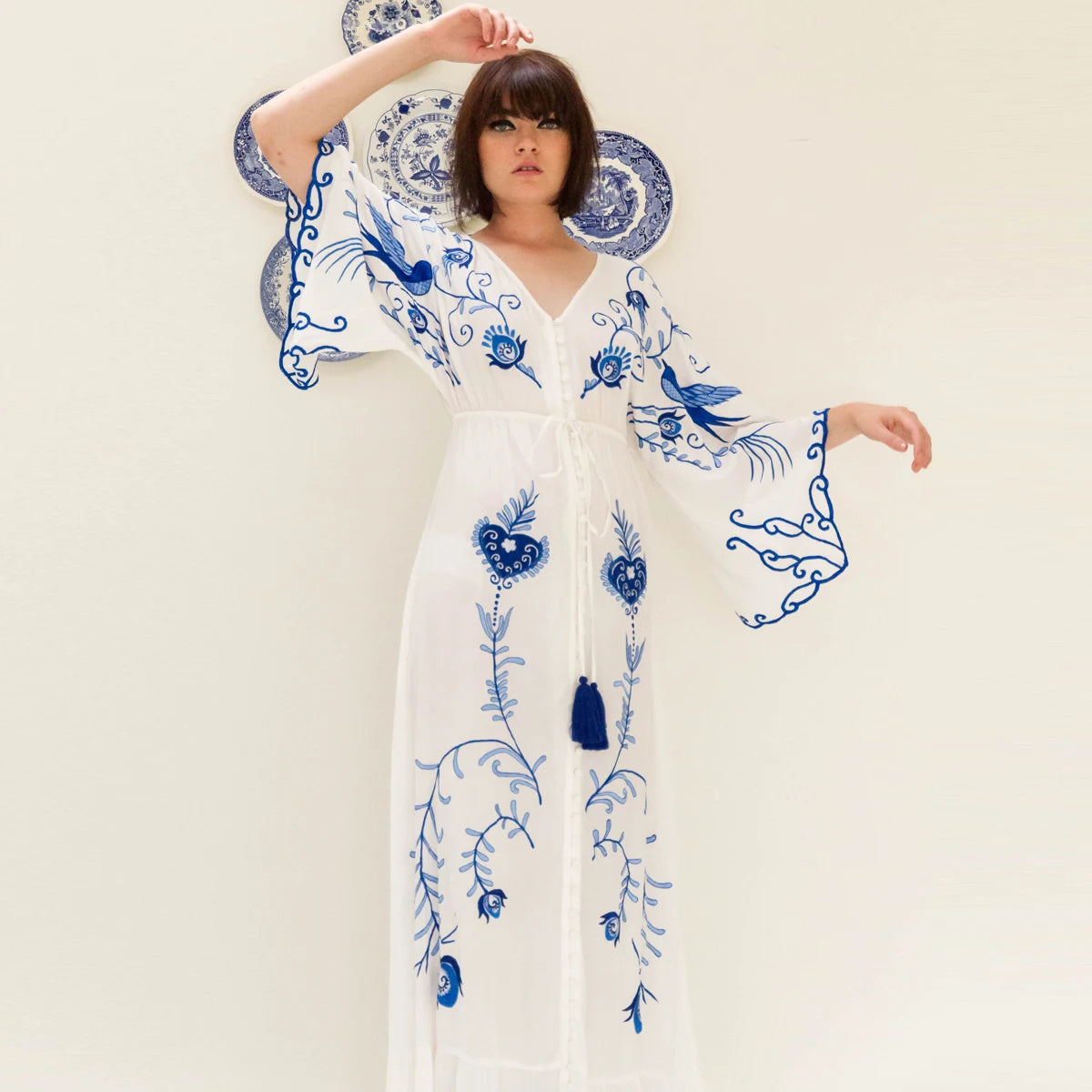 Kaftans - Jastie Embroidered Women Maxi Dress V-Neck Batwing Sleeve Loose Oversize Summer Dresses Drawstring Waist Boho Beach Vestidos