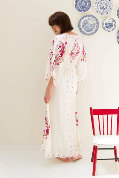 Kaftans - Jastie Embroidered Women Maxi Dress V-Neck Batwing Sleeve Loose Oversize Summer Dresses Drawstring Waist Boho Beach Vestidos
