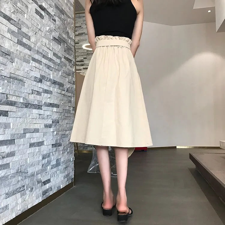 Midi Skirts - Summer Autumn Skirts Womens Midi Knee Length Korean Elegant Button High Waist Skirt Female Pleated School Skirt