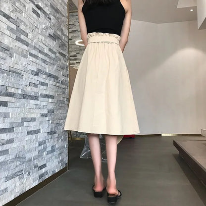 Midi Skirts - Summer Autumn Skirts Womens Midi Knee Length Korean Elegant Button High Waist Skirt Female Pleated School Skirt