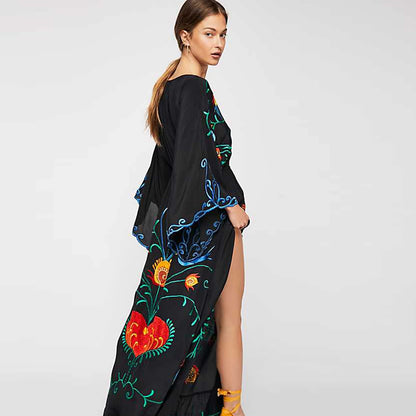 Kaftans - Jastie Embroidered Women Maxi Dress V-Neck Batwing Sleeve Loose Oversize Summer Dresses Drawstring Waist Boho Beach Vestidos