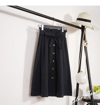 Midi Skirts - Summer Autumn Skirts Womens Midi Knee Length Korean Elegant Button High Waist Skirt Female Pleated School Skirt
