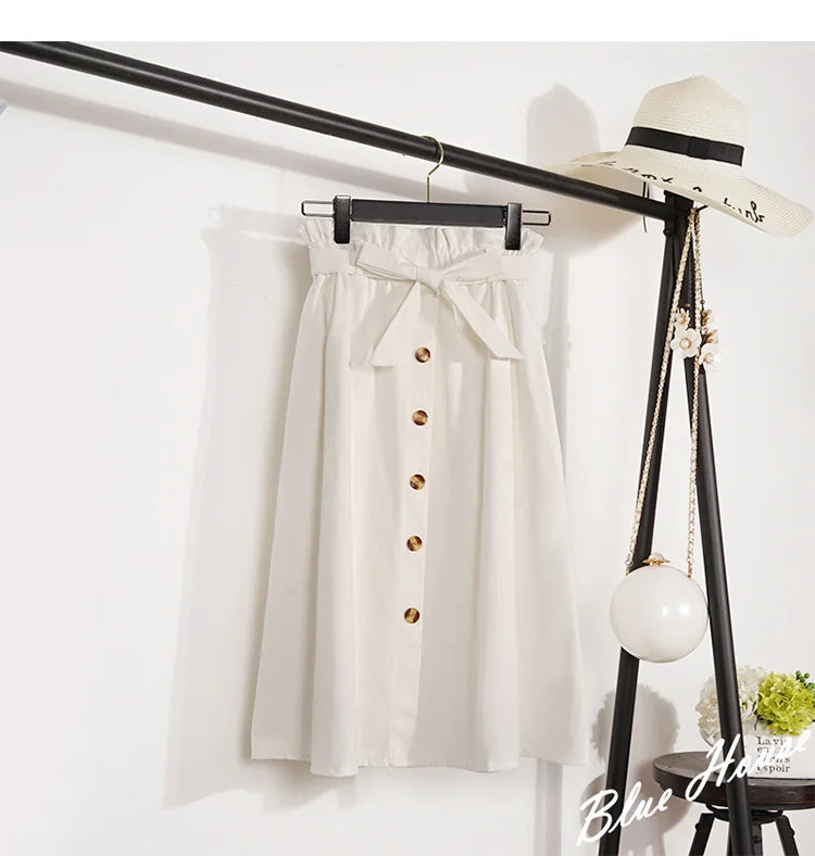 Midi Skirts - Summer Autumn Skirts Womens Midi Knee Length Korean Elegant Button High Waist Skirt Female Pleated School Skirt