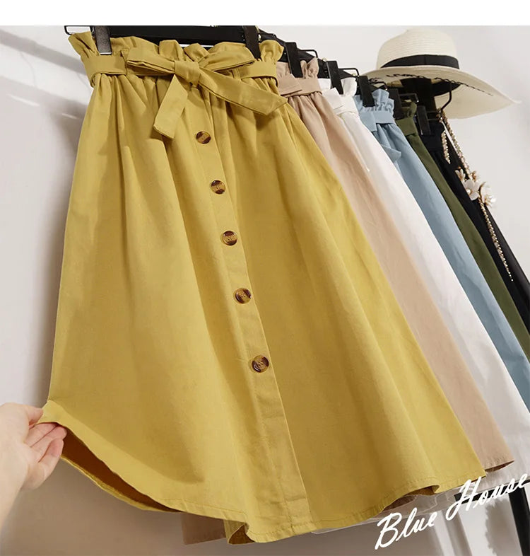 Midi Skirts - Summer Autumn Skirts Womens Midi Knee Length Korean Elegant Button High Waist Skirt Female Pleated School Skirt