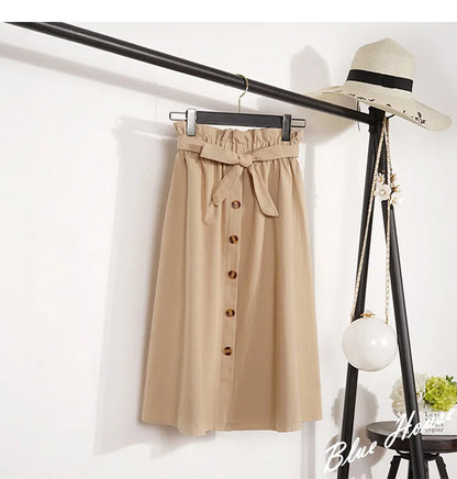 Midi Skirts - Summer Autumn Skirts Womens Midi Knee Length Korean Elegant Button High Waist Skirt Female Pleated School Skirt