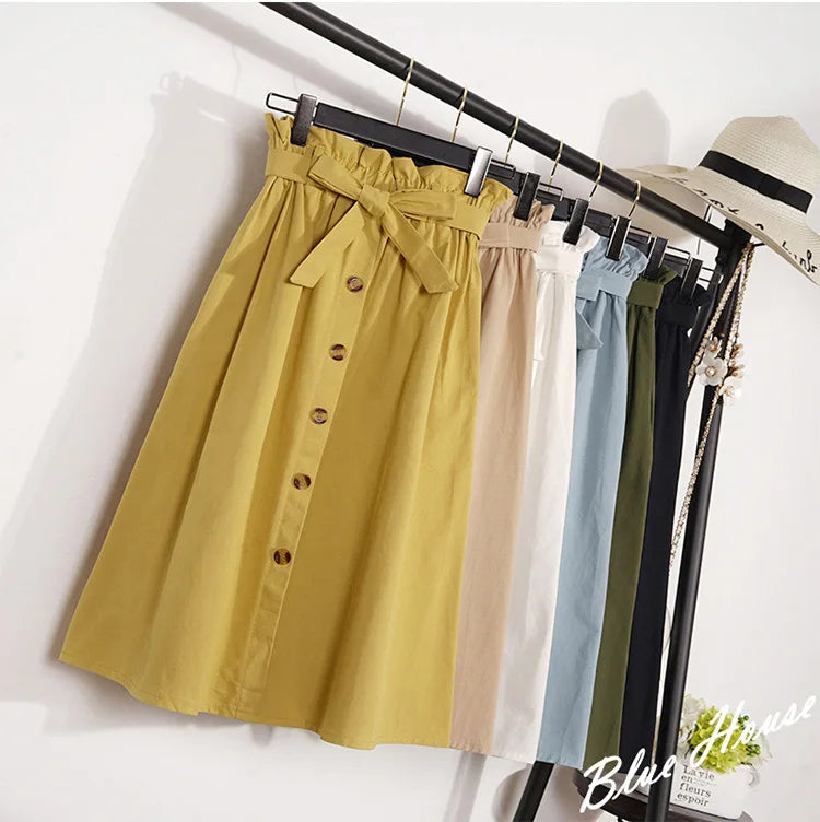 Midi Skirts - Summer Autumn Skirts Womens Midi Knee Length Korean Elegant Button High Waist Skirt Female Pleated School Skirt