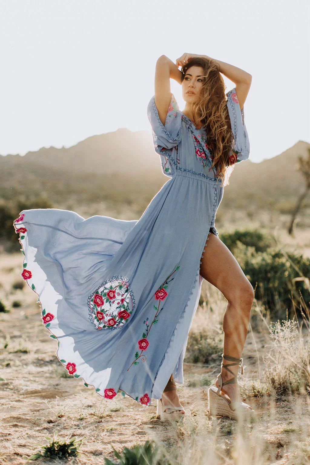 Kaftans - Jastie Embroidered Women Maxi Dress V-Neck Batwing Sleeve Loose Oversize Summer Dresses Drawstring Waist Boho Beach Vestidos