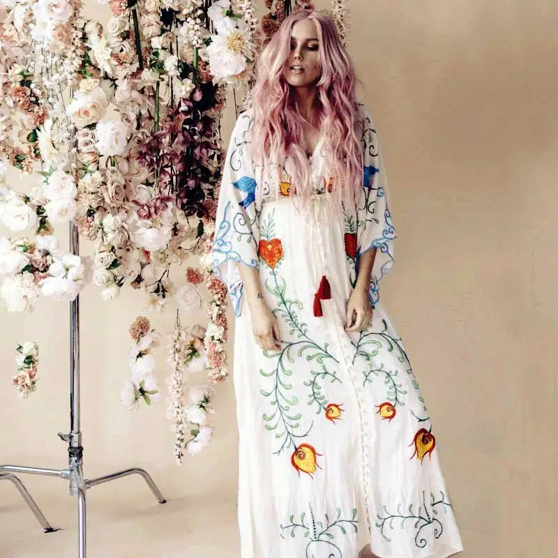 Kaftans - Jastie Embroidered Women Maxi Dress V-Neck Batwing Sleeve Loose Oversize Summer Dresses Drawstring Waist Boho Beach Vestidos