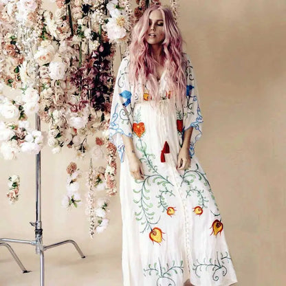 Kaftans - Jastie Embroidered Women Maxi Dress V-Neck Batwing Sleeve Loose Oversize Summer Dresses Drawstring Waist Boho Beach Vestidos