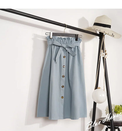 Midi Skirts - Summer Autumn Skirts Womens Midi Knee Length Korean Elegant Button High Waist Skirt Female Pleated School Skirt