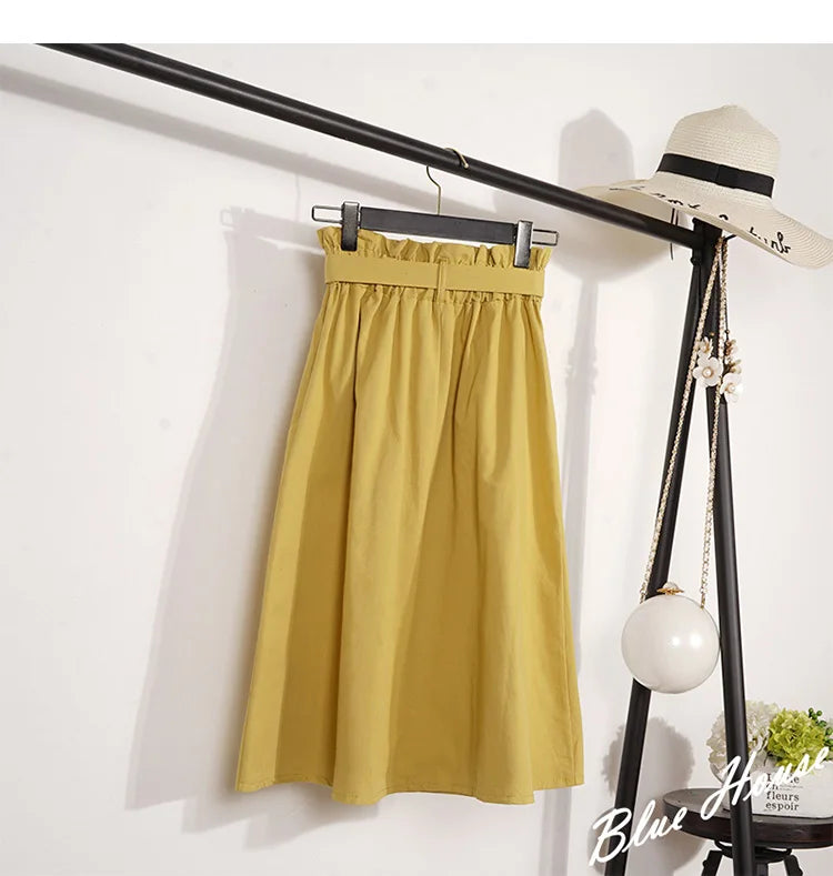 Midi Skirts - Summer Autumn Skirts Womens Midi Knee Length Korean Elegant Button High Waist Skirt Female Pleated School Skirt