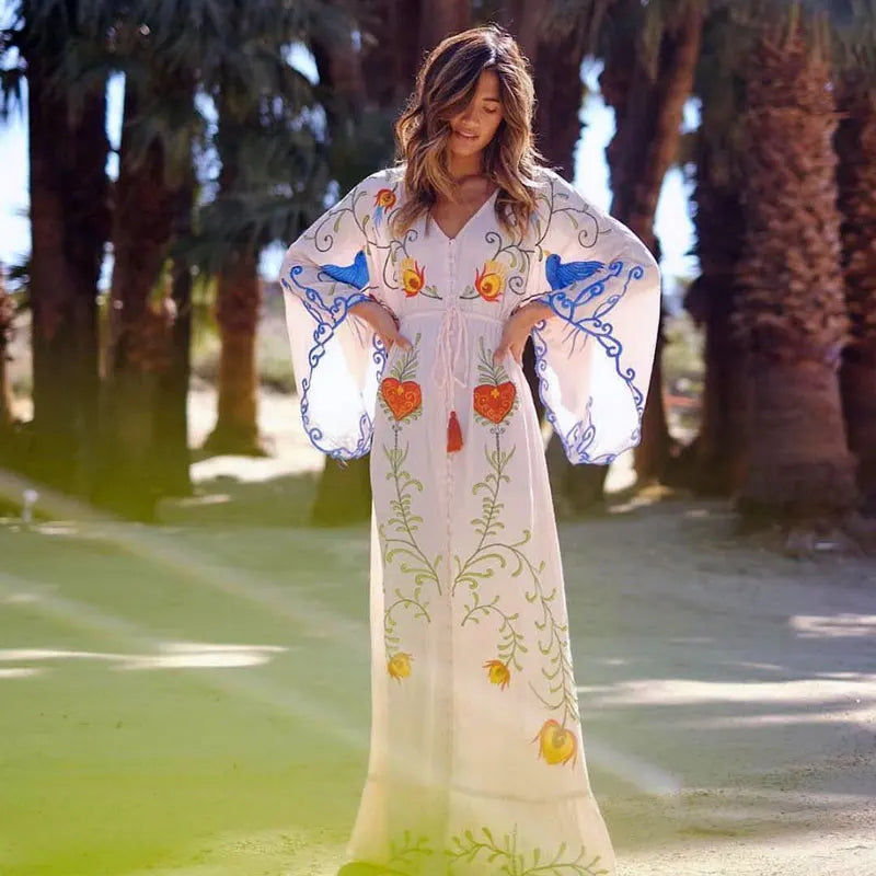 Kaftans - Jastie Embroidered Women Maxi Dress V-Neck Batwing Sleeve Loose Oversize Summer Dresses Drawstring Waist Boho Beach Vestidos