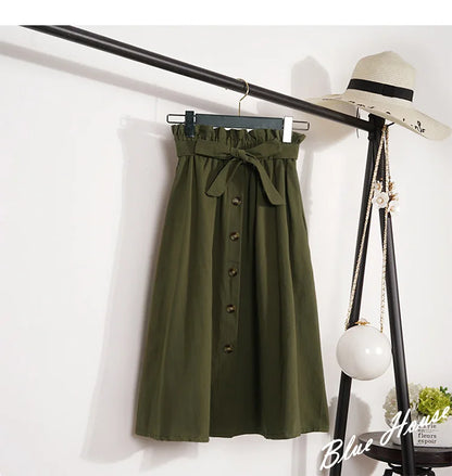 Midi Skirts - Summer Autumn Skirts Womens Midi Knee Length Korean Elegant Button High Waist Skirt Female Pleated School Skirt