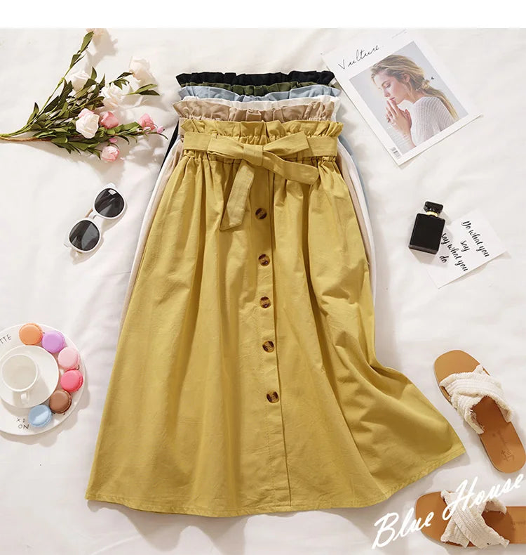 Midi Skirts - Summer Autumn Skirts Womens Midi Knee Length Korean Elegant Button High Waist Skirt Female Pleated School Skirt