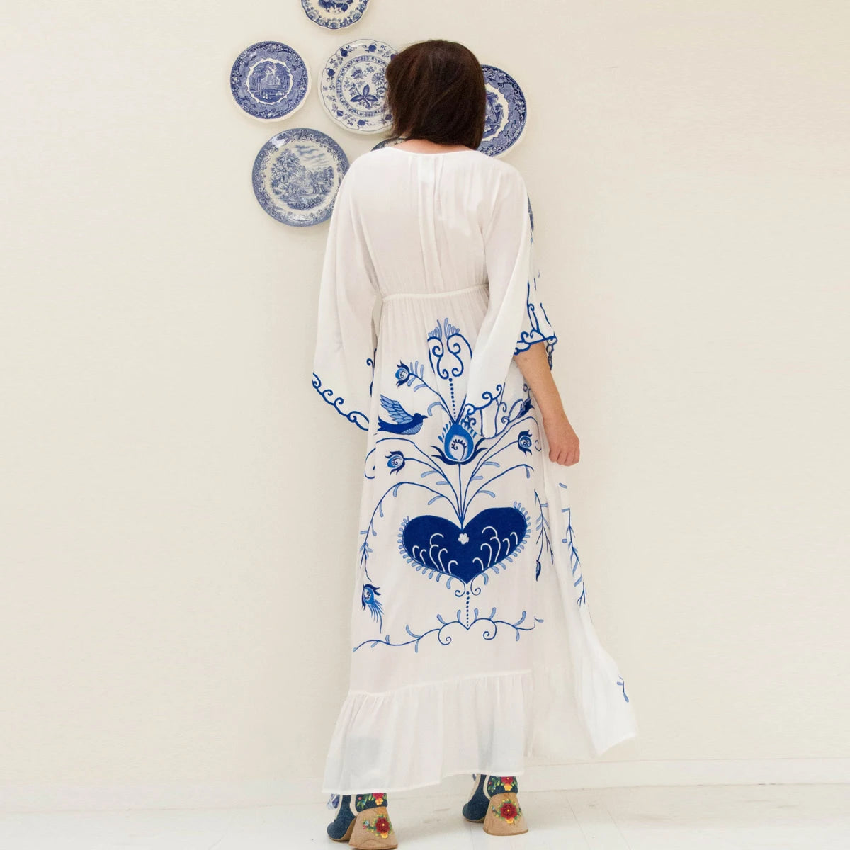 Kaftans - Jastie Embroidered Women Maxi Dress V-Neck Batwing Sleeve Loose Oversize Summer Dresses Drawstring Waist Boho Beach Vestidos
